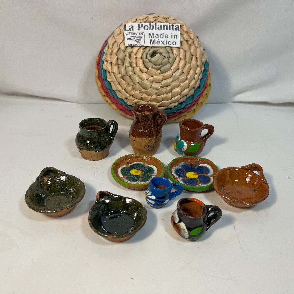 Mexican Pottery Bowls Cup Mini Kitchen Dish Set 11 Pieces Terracotta  w/ Basket